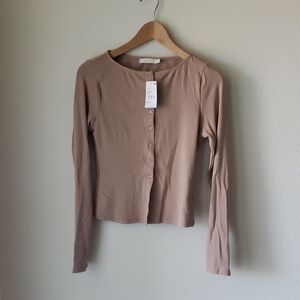 Lush Button-Up Cardigan Ribbed Top Tan Taupe Long Sleeve Sz M NWT Soft Neutrals